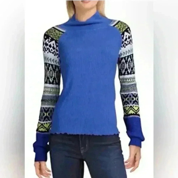 Free People Prism Sweater Blue Bell Combo Size S/P Classic Ribbed Turtleneck - Picture 2 of 12